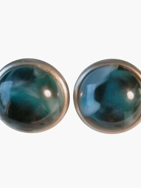 Blue Marbled Look Clip On Earrings Gold Tone Round Vintage